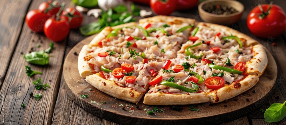 A sliced tuna pizza with tomato and green pepper toppings is displayed on a wooden table with copy space image A sliced tuna pizza with tomato and green pepper toppings is displayed on a wooden table with copy space image