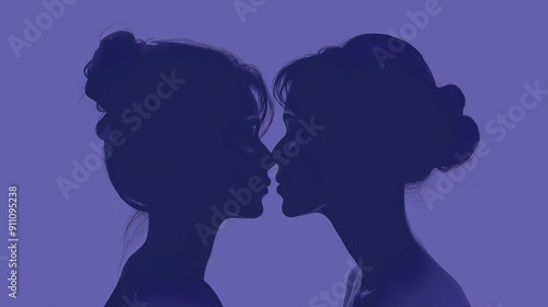 Silhouette of a double heads against a purple background. Portraits of different women in profile