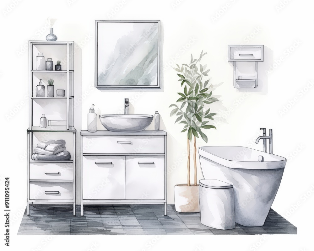Fototapeta premium Watercolor Sketch of a Modern Bathroom Interior Design