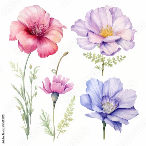 Watercolor Illustration of Delicate Pink and Purple Flowers with Green Stems