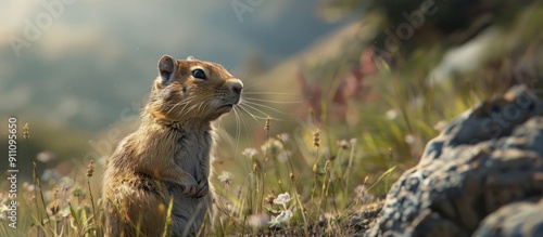 A gopher in the mountain grass gazes sideways like it s reading displaying curiosity Scene offers a copy space image for text set in a natural landscape photo