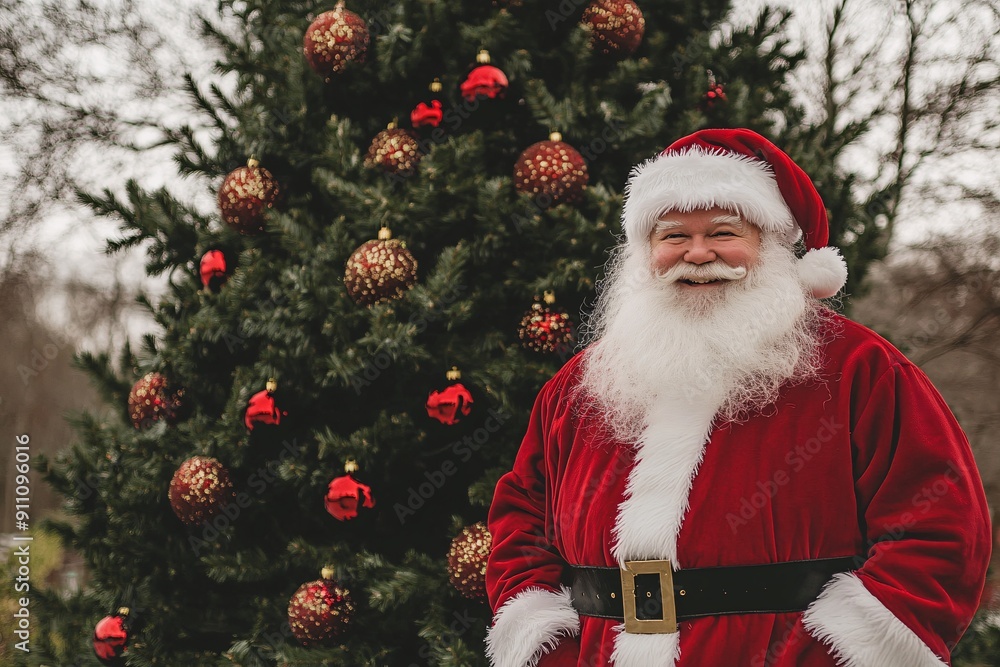 A cheerful Santa Claus stands in front of a beautifully decorated Christmas tree filled with red ornaments, spreading holiday joy on a winter day A cheerful Santa Claus stands in front of a beautifully decorated Christmas tree filled with red ornaments, spreading holiday joy on a winter day