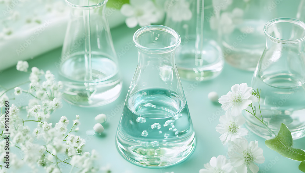 Background with Beakers and Flasks Filled with Green Liquid Background with Beakers and Flasks Filled with Green Liquid