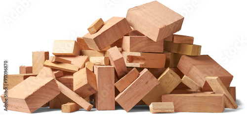 pile of wood scraps or offcuts isolated white background, many shapes and sizes leftover blocks or pieces of wood from various woodworking projects photo