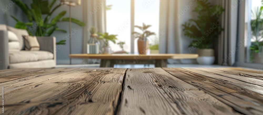 A wooden table in a coastal themed living room with a blurred backdrop offering a suitable area for showcasing products in a copy space image A wooden table in a coastal themed living room with a blurred backdrop offering a suitable area for showcasing products in a copy space image