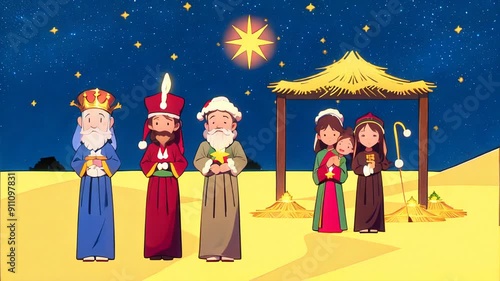 Merry Christmas animation with holy family and magic kings