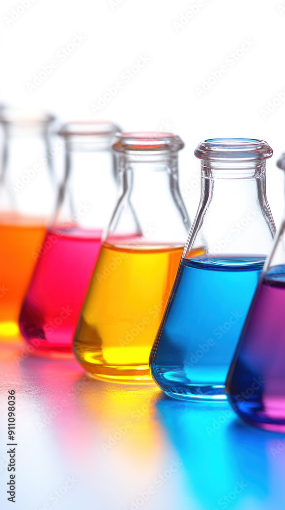 A row of glass beakers filled with colorful liquids. The colors are bright and vibrant, creating a cheerful and lively atmosphere. The beakers are lined up in a row A row of glass beakers filled with colorful liquids. The colors are bright and vibrant, creating a cheerful and lively atmosphere. The beakers are lined up in a row