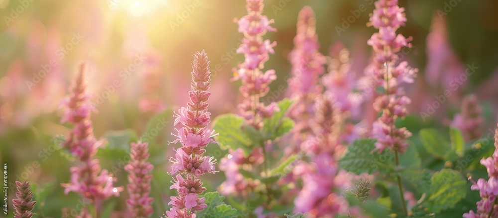 Obraz premium Close up of pink flowers like marsh hedgenettle or marsh woundwort on a summer lawn ideal for copy space image