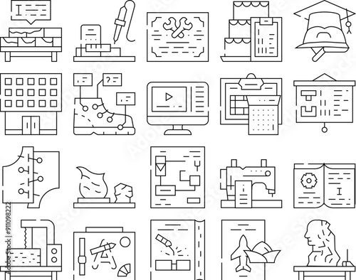 Vocational School Collection Icons Set Vector. Brickwork And Pottery, Cooking And Design Video Courses, Diploma Of Vocational School Black Contour Illustrations