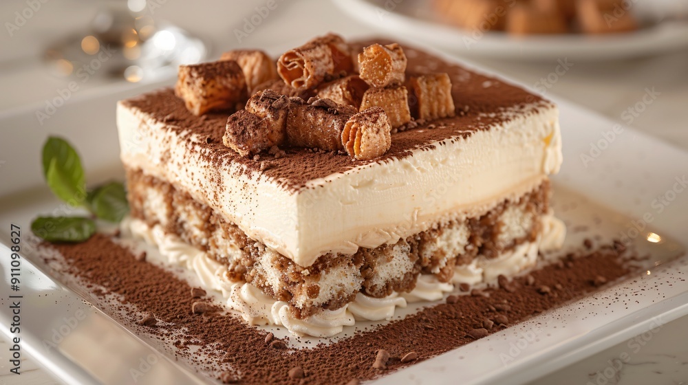 A Square Slice of Tiramisu with Whipped Cream and Chocolate Powder A Square Slice of Tiramisu with Whipped Cream and Chocolate Powder