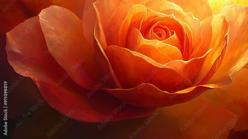 A close up of a single rose its petals painted in shades of orange red and yellow reflecting the colors of a vibrant autumn landscape A close up of a single rose its petals painted in shades of orange red and yellow reflecting the colors of a vibrant autumn landscape