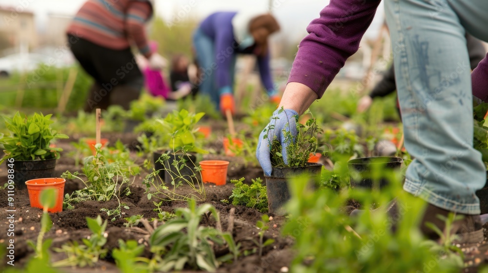 Fototapeta premium Community garden, eye-level, volunteers planting herbs in old cooking pots,