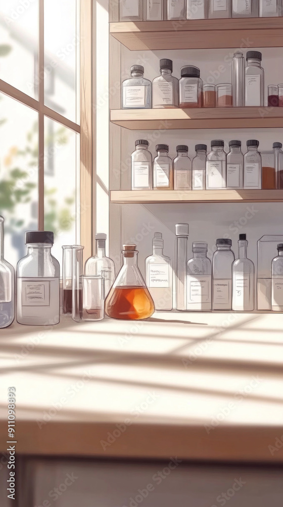 A shelf full of bottles and vials on a table. The bottles are of various sizes and shapes, and they are arranged in a way that makes it easy to see them A shelf full of bottles and vials on a table. The bottles are of various sizes and shapes, and they are arranged in a way that makes it easy to see them