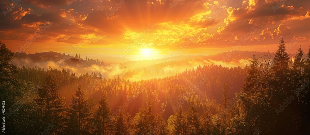 Fototapeta premium A picturesque sunset paints the sky with warm golden hues over a forested horizon offering a serene and stunning view with vibrant orange and yellow tones Copy space image provided