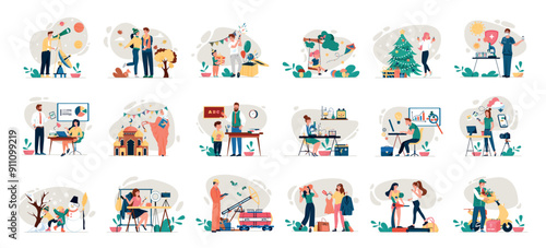 Mega set of simple color concepts with people scene in flat cartoon design. Impressive scenes using a beautiful color palette are depicted in this collection. Vector illustration.