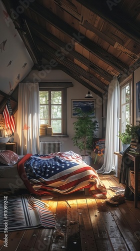 28 Cozy bedroom with American flag throw blanket, morning light, wideangle, charming and inviting photo