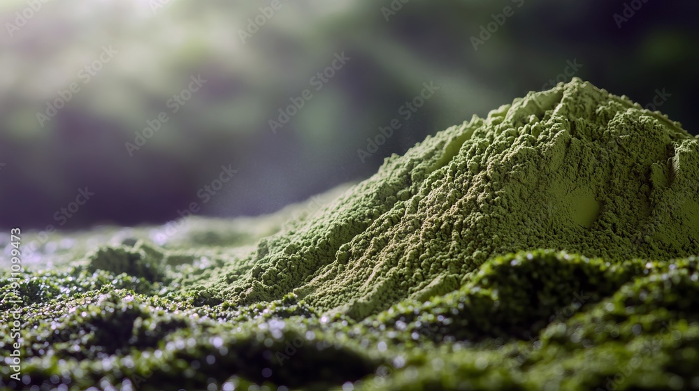 Vibrant Matcha: Green Tea Powder Pile with Copy Space Vibrant Matcha: Green Tea Powder Pile with Copy Space
