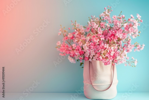 Pink handbag filled with a bouquet of daisies and wildflowers on a matching pink background.