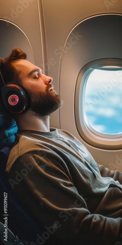 39 Man using patrioticthemed noisecancelling headphones, flying on airplane, soft lighting, medium shot, modern and relaxed photo