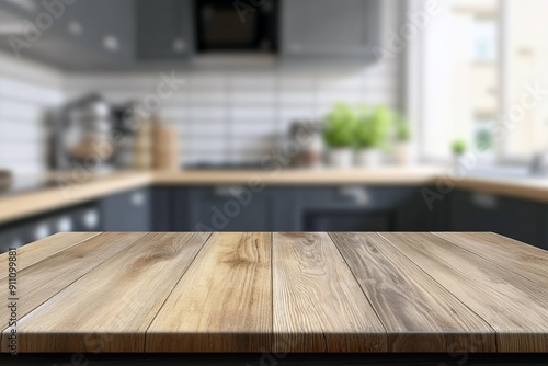 Empty Wooden Tabletop: Perfect for Your Design in a Modern Kitchen