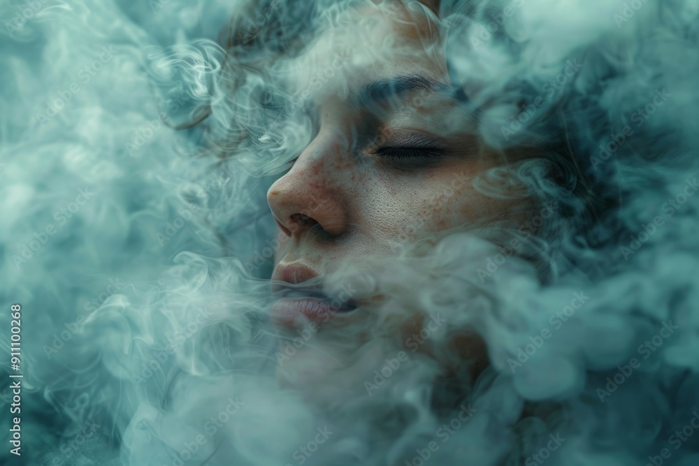 Young woman with freckles surrounded by mist in a dreamy atmosphere. Young woman with freckles surrounded by mist in a dreamy atmosphere.