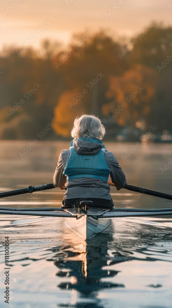 An elderly woman rows peacefully on a calm lake, surrounded by autumn colors at dusk An elderly woman rows peacefully on a calm lake, surrounded by autumn colors at dusk
