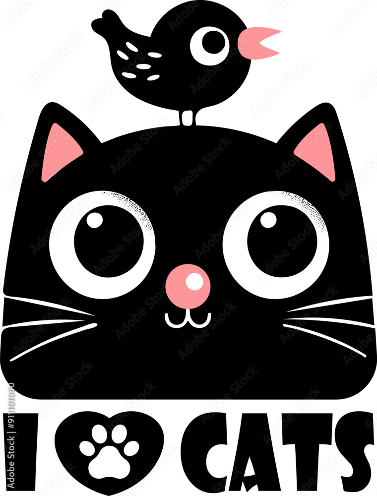 Cute black cat with large round eyes and a bird on its head Cute black cat with large round eyes and a bird on its head