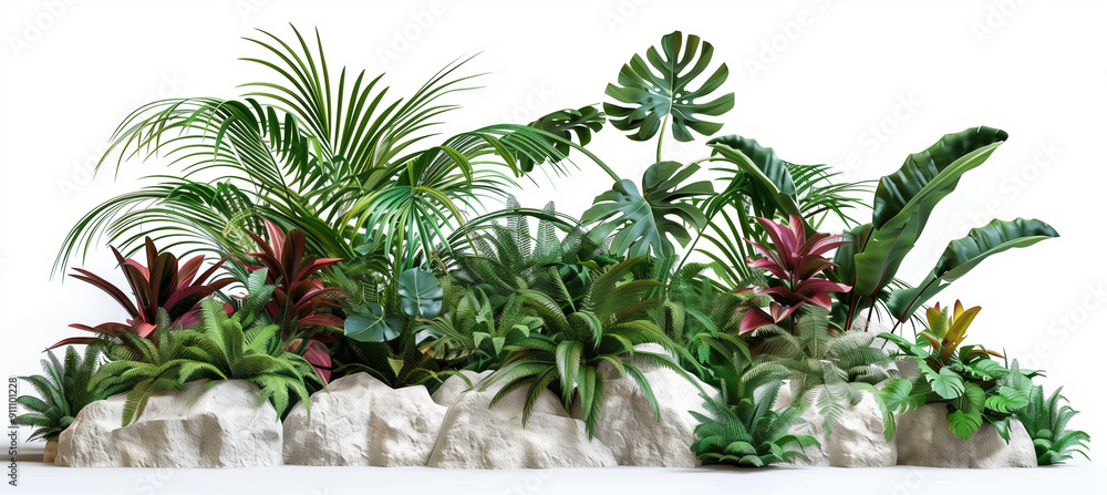 A sunny tropical garden with lush, vibrant red foliage and palm trees,isolate on white background A sunny tropical garden with lush, vibrant red foliage and palm trees,isolate on white background