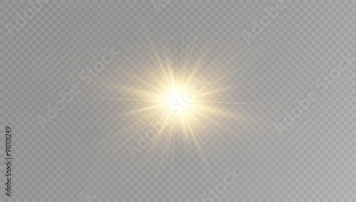 glowing light explodes on a transparent background. with ray. Transparent shining sun, bright flash. Special lens flare light effect.