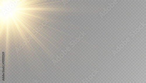 glowing light explodes on a transparent background. with ray. Transparent shining sun, bright flash. Special lens flare light effect.