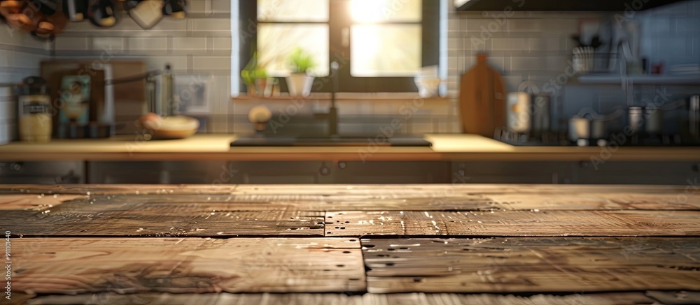 Wooden table surface on a blurred kitchen counter backdrop ideal for showcasing products or creating design visuals with copy space image Wooden table surface on a blurred kitchen counter backdrop ideal for showcasing products or creating design visuals with copy space image