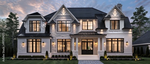 Stunning luxury home exterior with elegant lighting and manicured landscaping during sunset. A grand modern estate showcasing exquisite architecture.