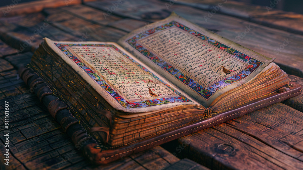 Antique Leather-Bound Book with Illuminated Manuscript Page Antique Leather-Bound Book with Illuminated Manuscript Page