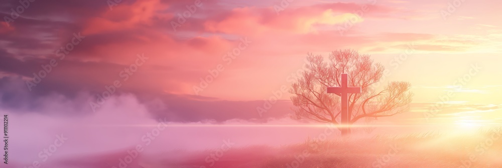 Obraz premium A cross stands silhouetted against a serene, foggy sunrise, representing a tranquil and spiritually poignant moment in the early morning mist.