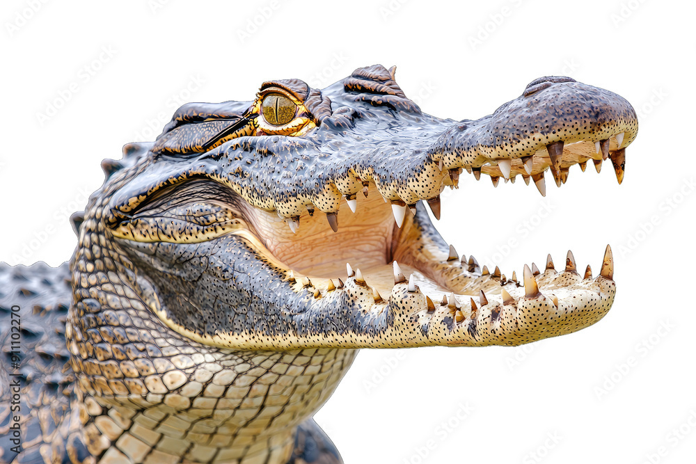 Obraz premium Close-up of a crocodile with an open mouth, showcasing sharp teeth and textured skin for wildlife photography.