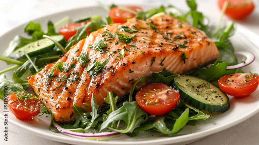 Grilled salmon fish fillet and fresh green leafy vegetable salad with tomatoes, onions and cucumber. Healthy food. Ketogenic lunch. Grilled salmon fish fillet and fresh green leafy vegetable salad with tomatoes, onions and cucumber. Healthy food. Ketogenic lunch.