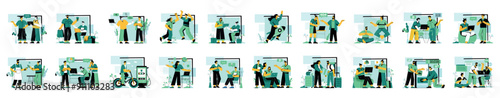 Bundle of green concepts with people scene in flat cartoon design. The themes of the illustrations depicted in this collection cover various aspects of everyday life. Vector illustration.