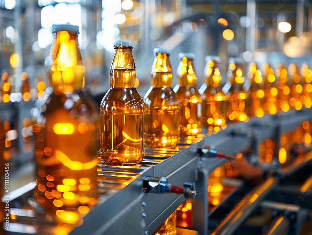 Bottles of Amber Beverage Moving Along Production Conveyor Belt in Modern Factory Setting Bottles of Amber Beverage Moving Along Production Conveyor Belt in Modern Factory Setting