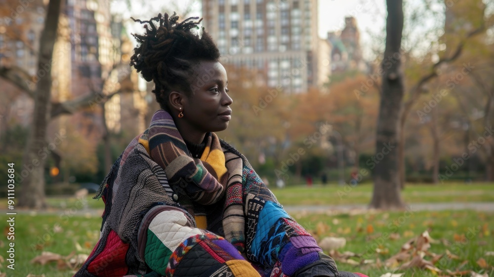person lounging in patchwork apparel on the grass in City park person lounging in patchwork apparel on the grass in City park