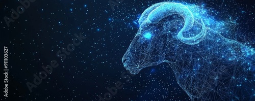 Illustration of a wireframe Aries constellation in a starry night sky background