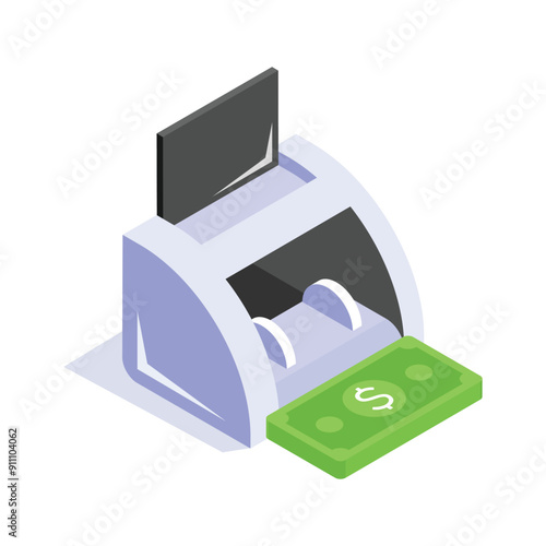 Isometric icon of a money counting machine processing and verifying currency bills accurately