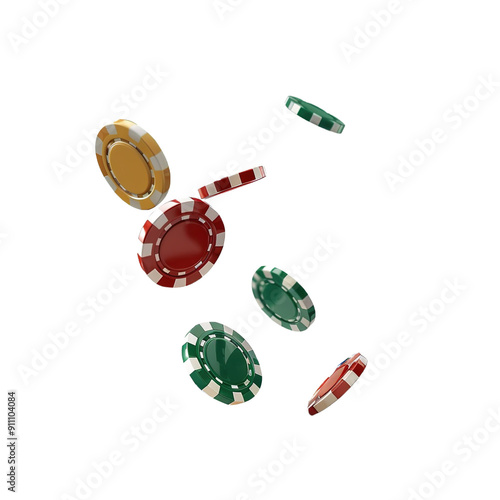 File of Colorful casino chips falling on white background.
