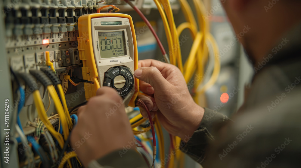 An electrician using a digital multimeter on wires in an electrical ...
