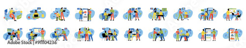 Bundle of colorful concepts with people scene in flat cartoon design. An extensive collection of vibrant illustrations of men and women on a blue background. Vector illustration.
