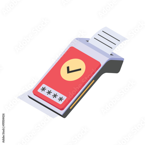 Isometric icon of a POS terminal printing a receipt, indicating successful transaction