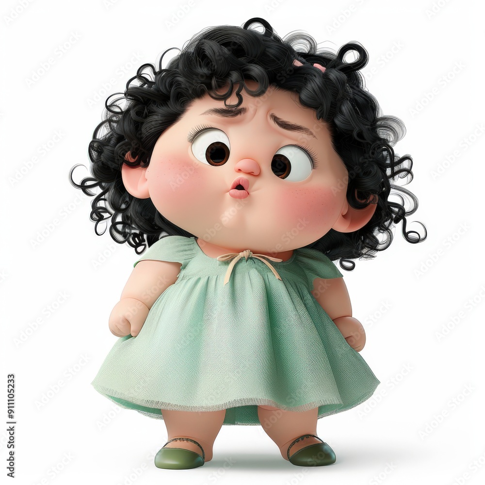 3D Cartoon Girl with Curly Black Hair Wearing a Green Dress 3D Cartoon Girl with Curly Black Hair Wearing a Green Dress