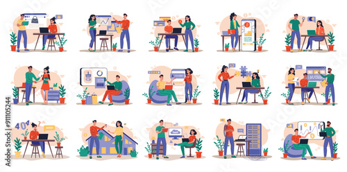 Bundle of different concepts with people scene in flat cartoon design. A huge selection of colorful illustrations with scenes with men and women on various topics. Vector illustration.