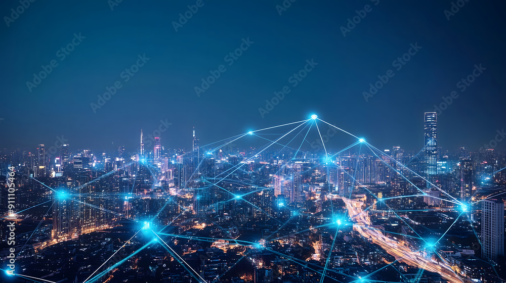 Modern city with wireless network connection and urban landscape concept wireless network and connectivity technology on city background at night Modern city with wireless network connection and urban landscape concept wireless network and connectivity technology on city background at night