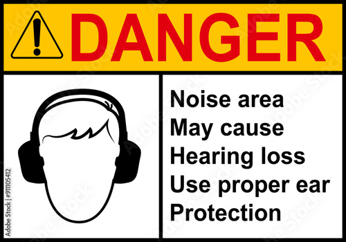 Hearing protection sign. High noise areas. Wear earmuffs or earplugs. Take precautions to protect your hearing. Noise protection sign. Warning sign. Risk hearing loss.