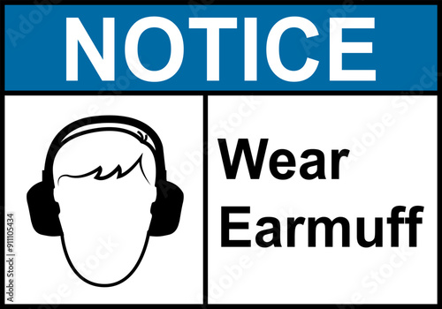 Hearing protection sign. High noise areas. Wear earmuffs or earplugs. Take precautions to protect your hearing. Noise protection sign. Warning sign. Risk hearing loss.
